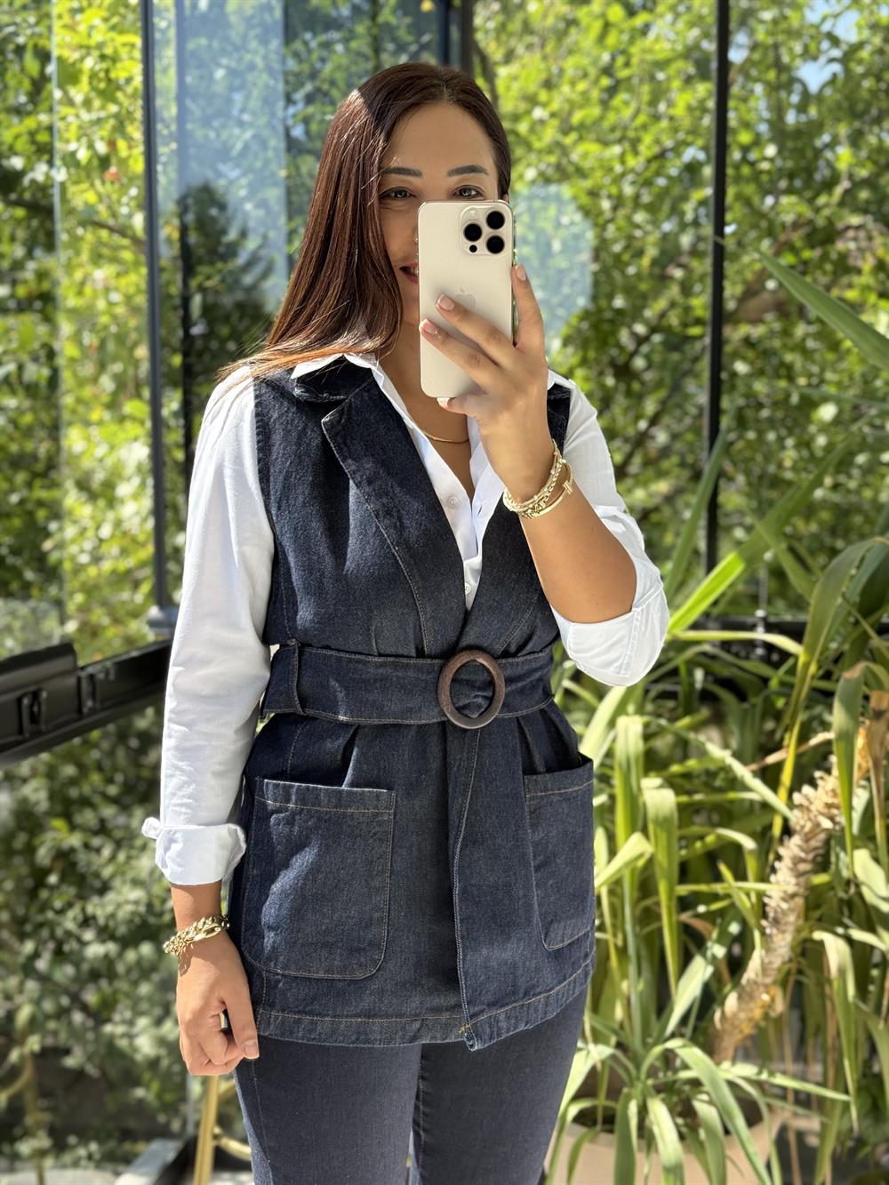 Denim Kuşaklı Yelek Lacivert