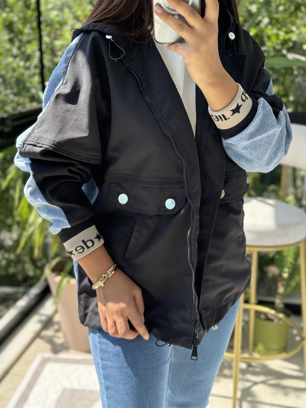 Denim Parka Mix Yağmurluk Siyah