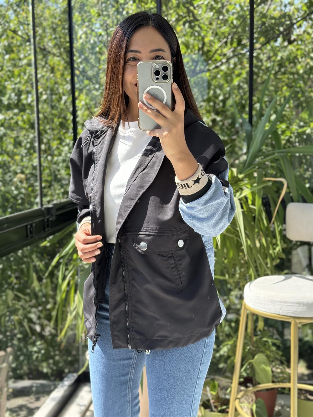 Denim Parka Mix Yağmurluk Siyah