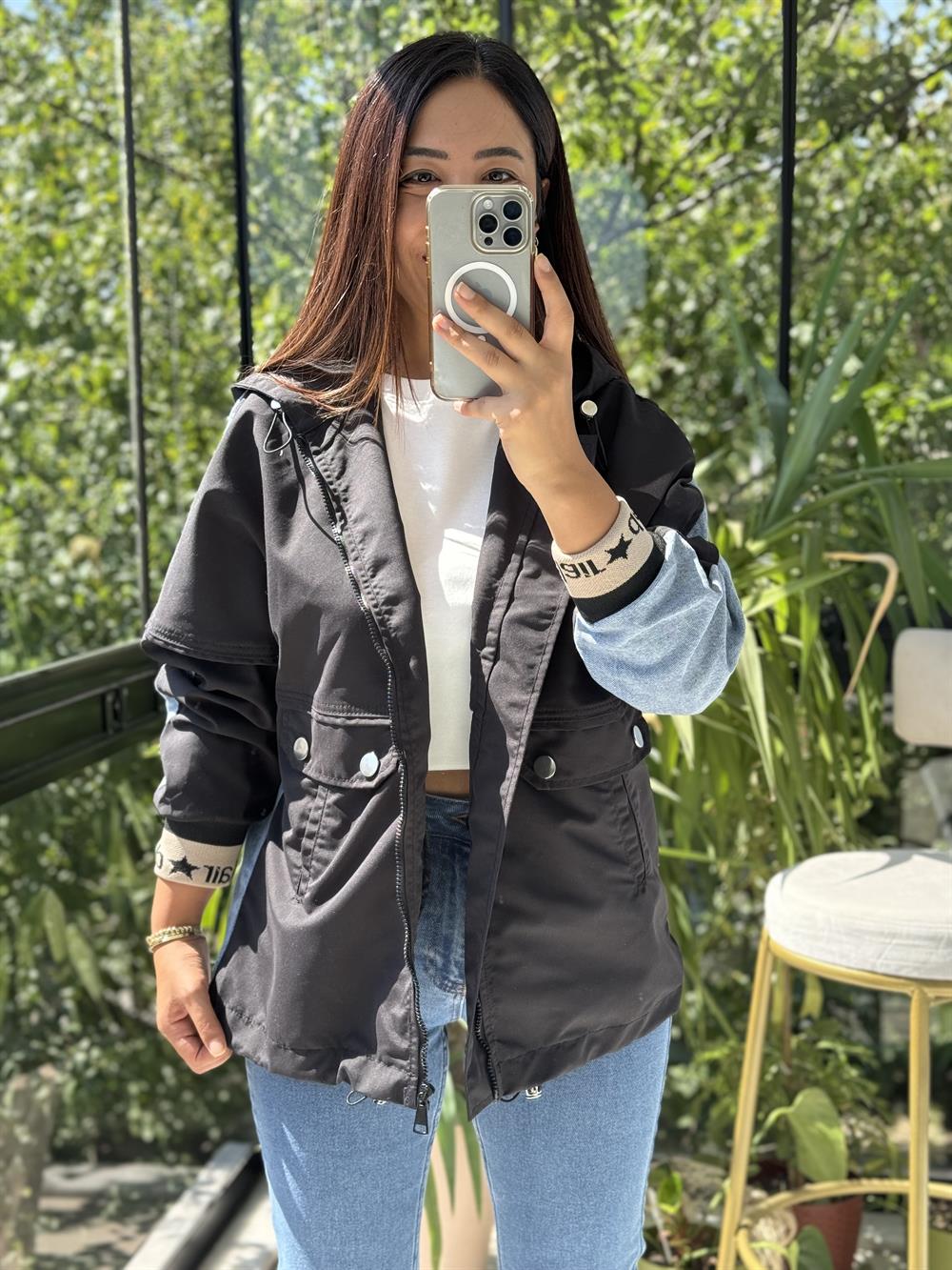 Denim Parka Mix Yağmurluk Siyah