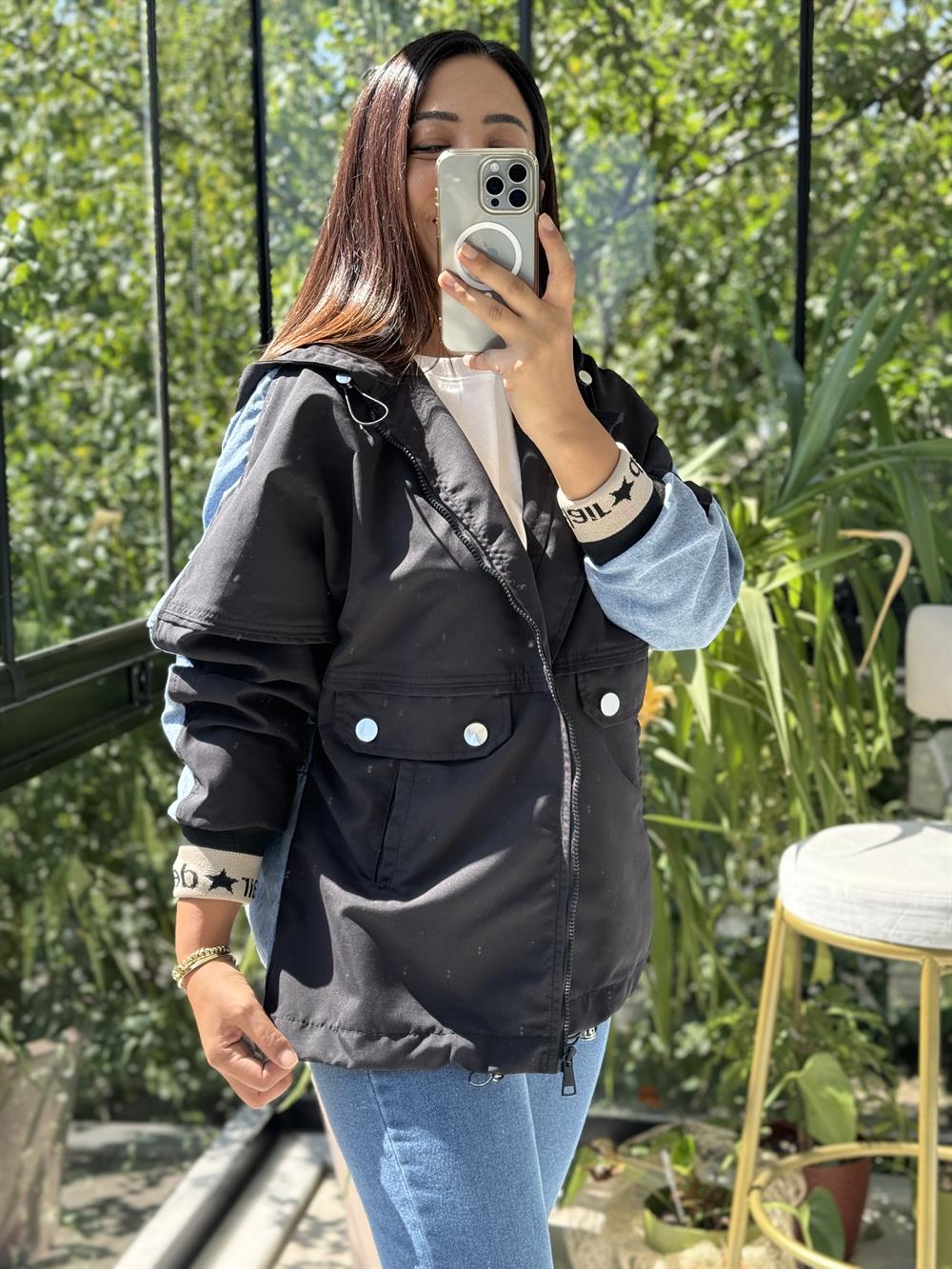 Denim Parka Mix Yağmurluk Siyah