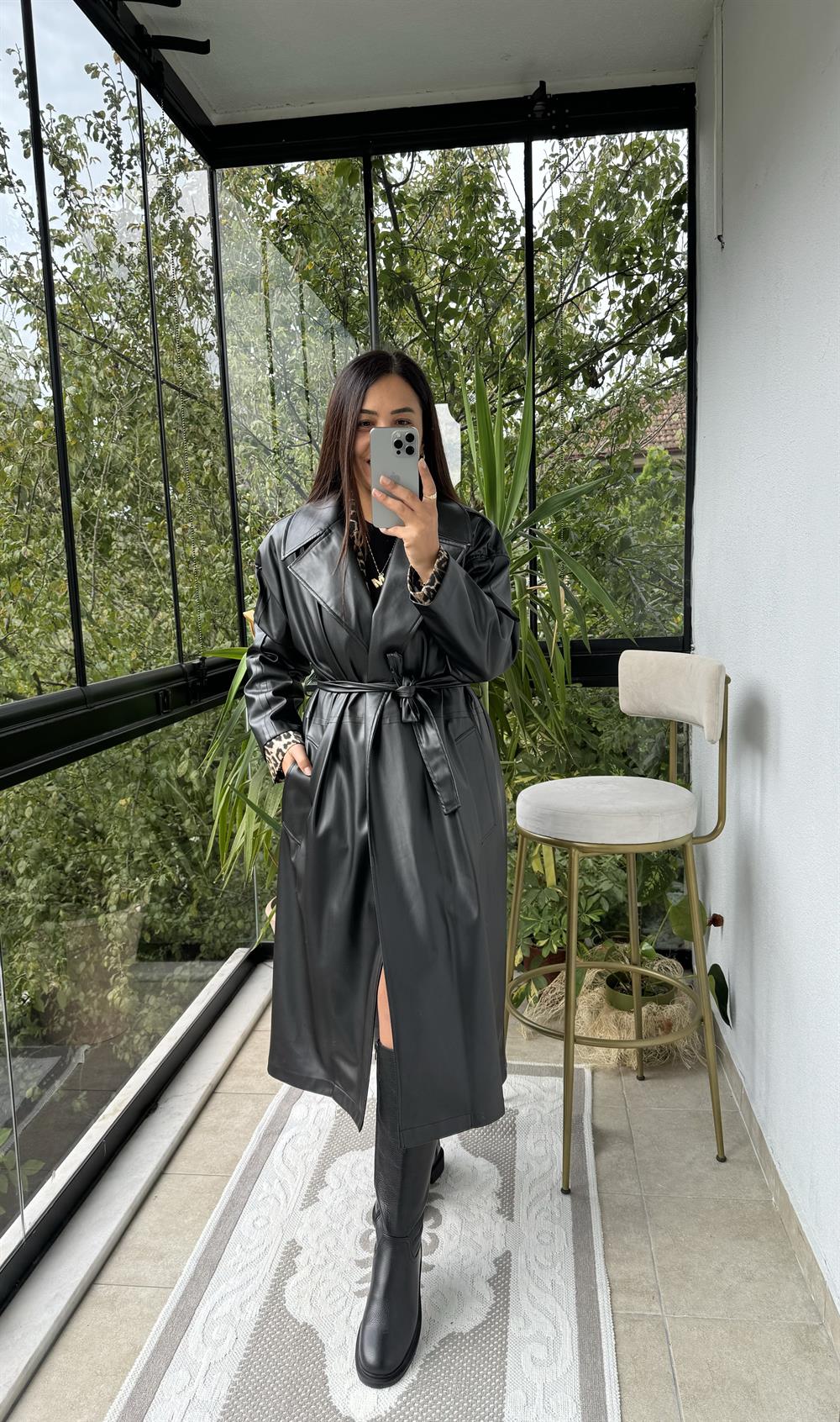 Deri Uzun Trenç Siyah