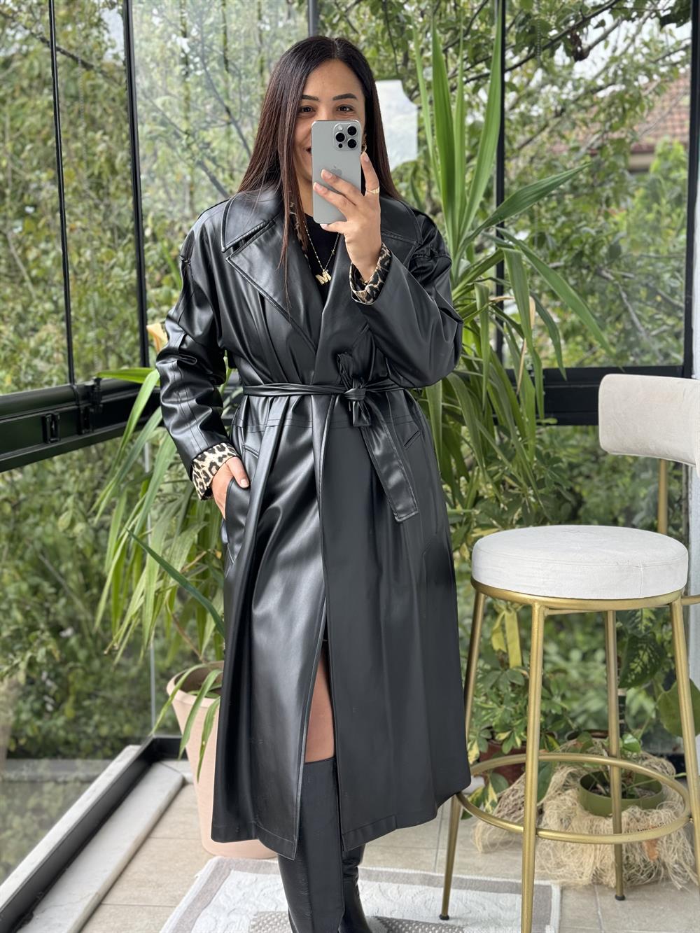 Deri Uzun Trenç Siyah