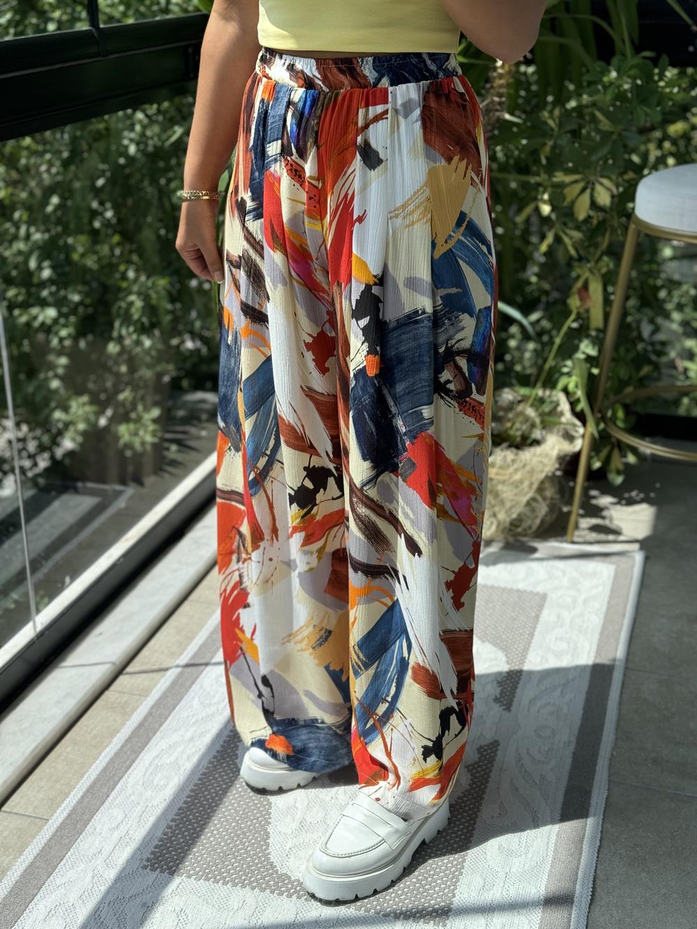 Desenli Bol Pileli Pantolon Oranj