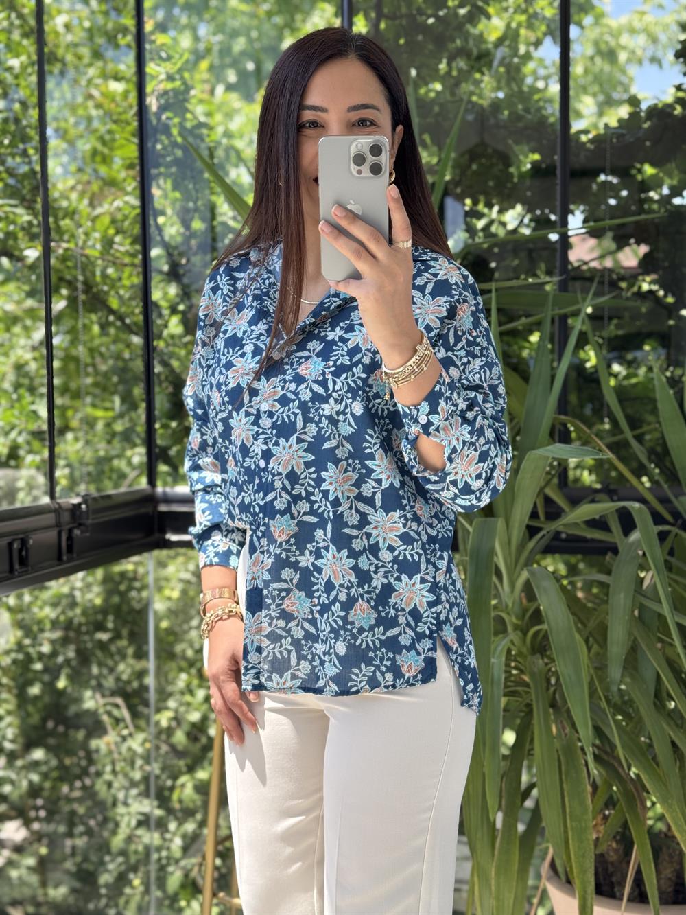 Desenli Çiçekli Pamuklu Gömlek Lacivert