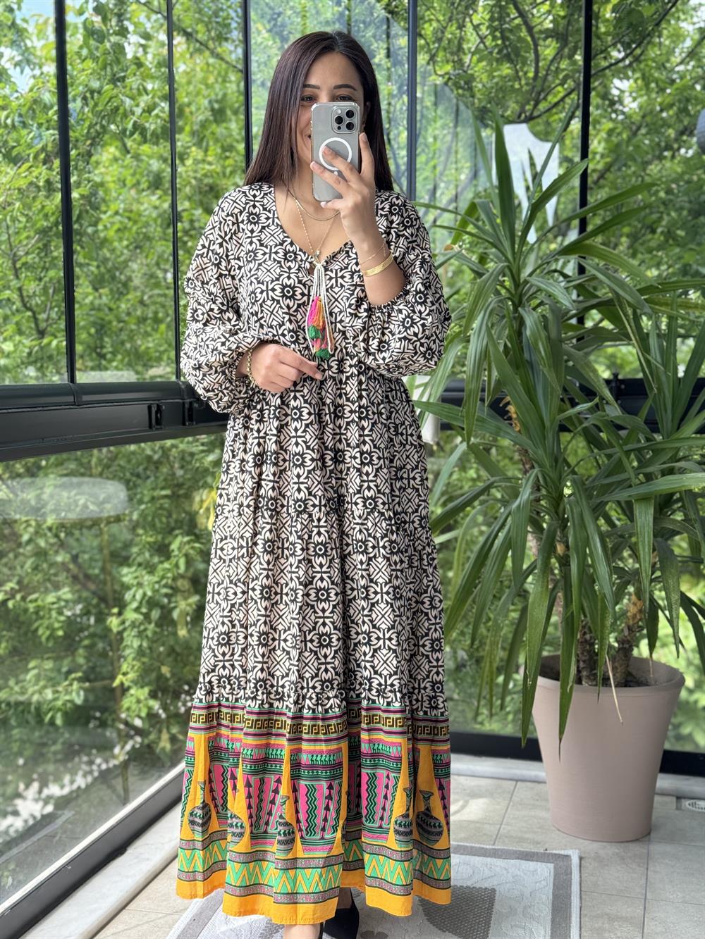 Desenli Pamuklu Elbise Siyah