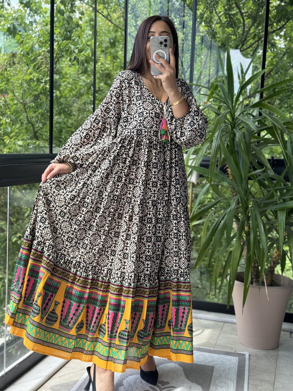 Desenli Pamuklu Elbise Siyah