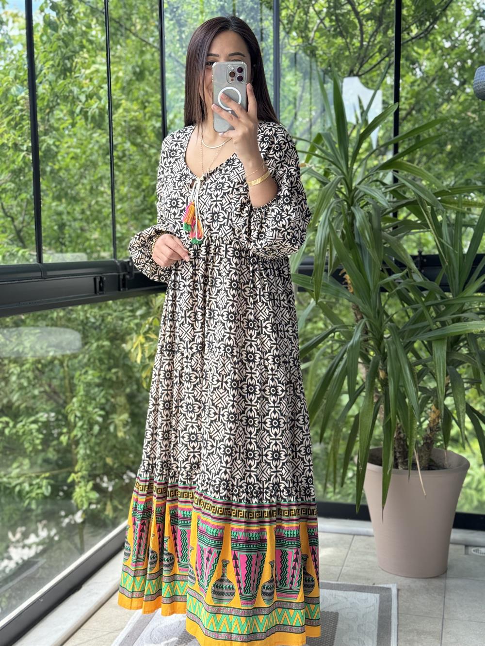 Desenli Pamuklu Elbise Siyah