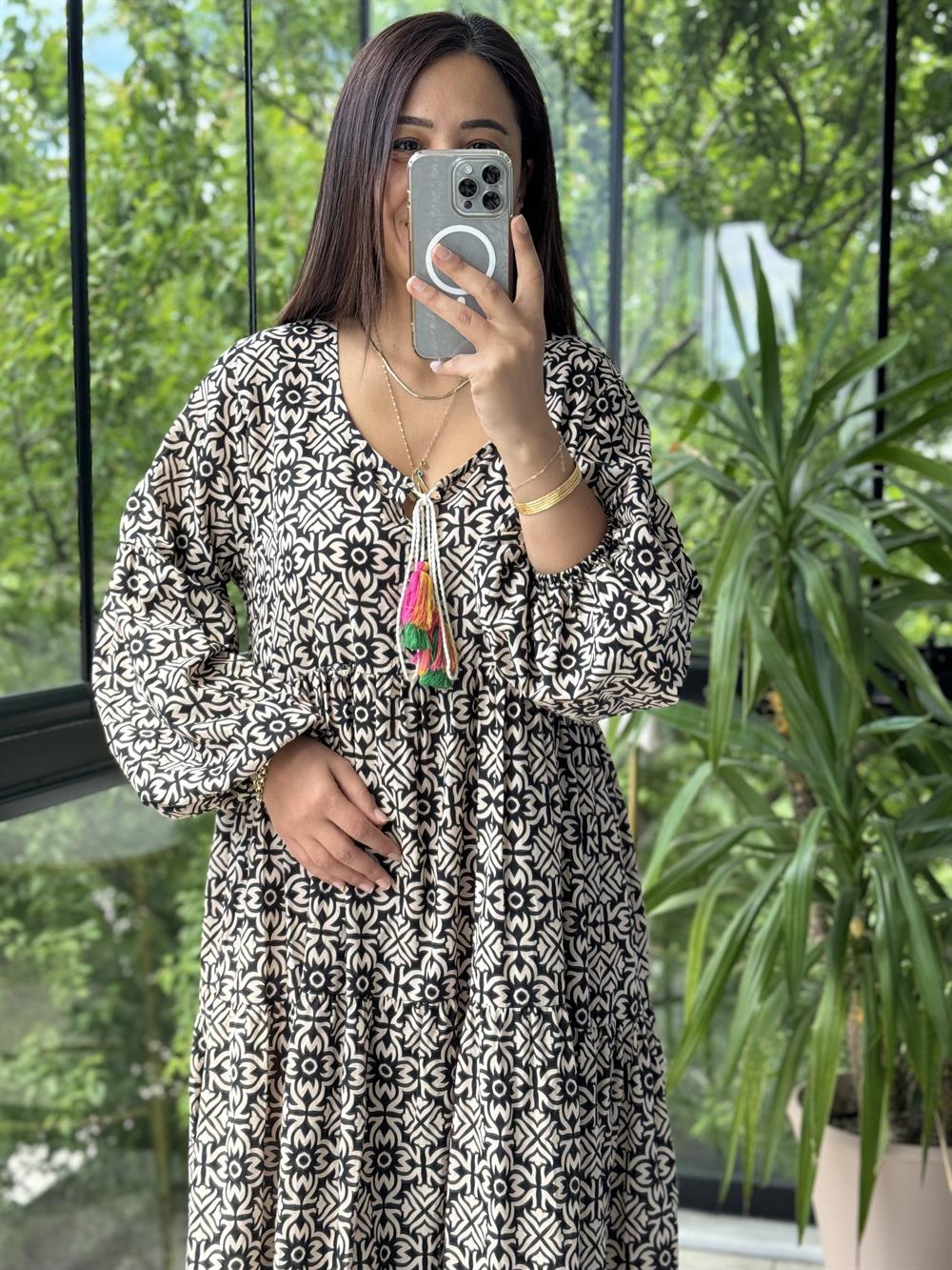 Desenli Pamuklu Elbise Siyah