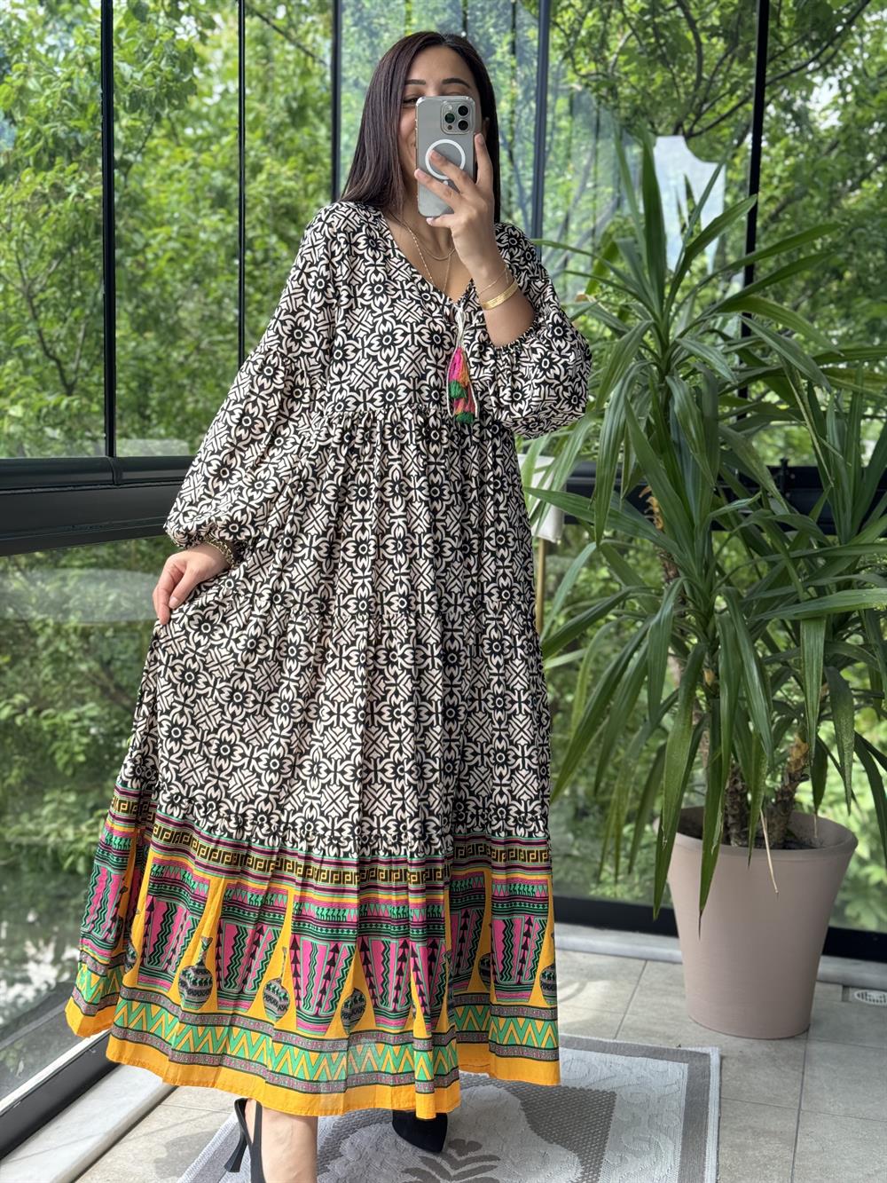 Desenli Pamuklu Elbise Siyah