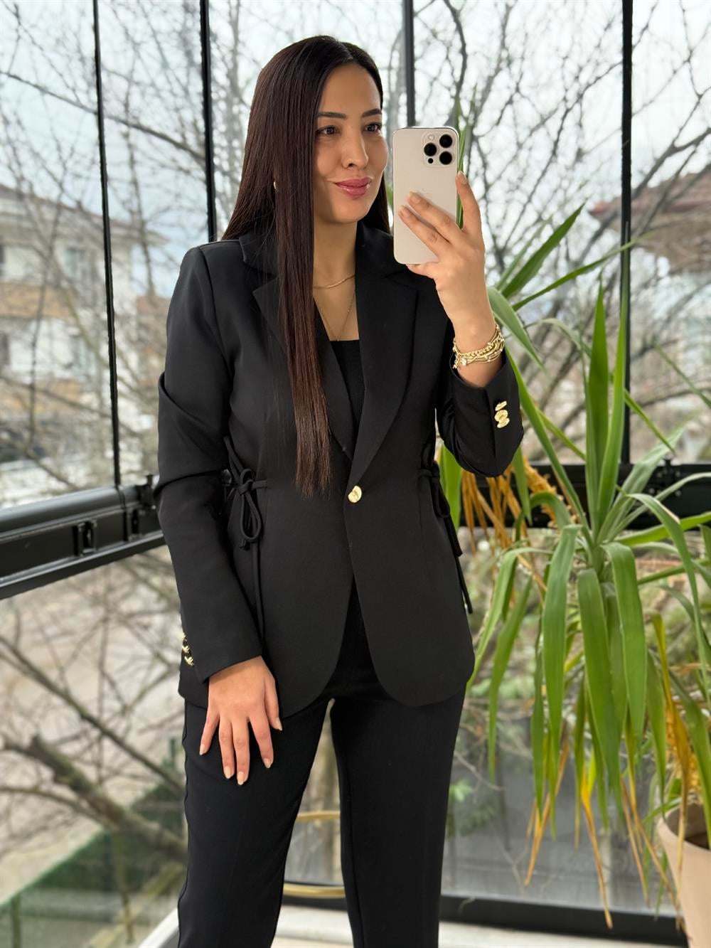 Yanı Bağcıklı Slim Blazer Ceket Siyah