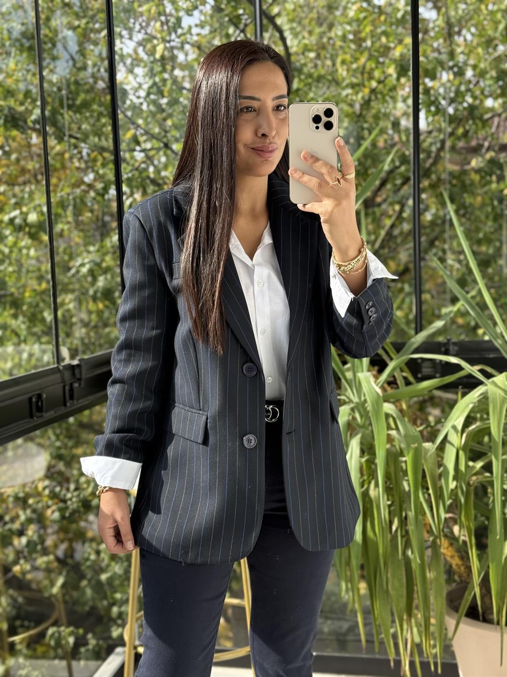 İki Düğmeli Çizgili Yün Blazer Ceket Lacivert