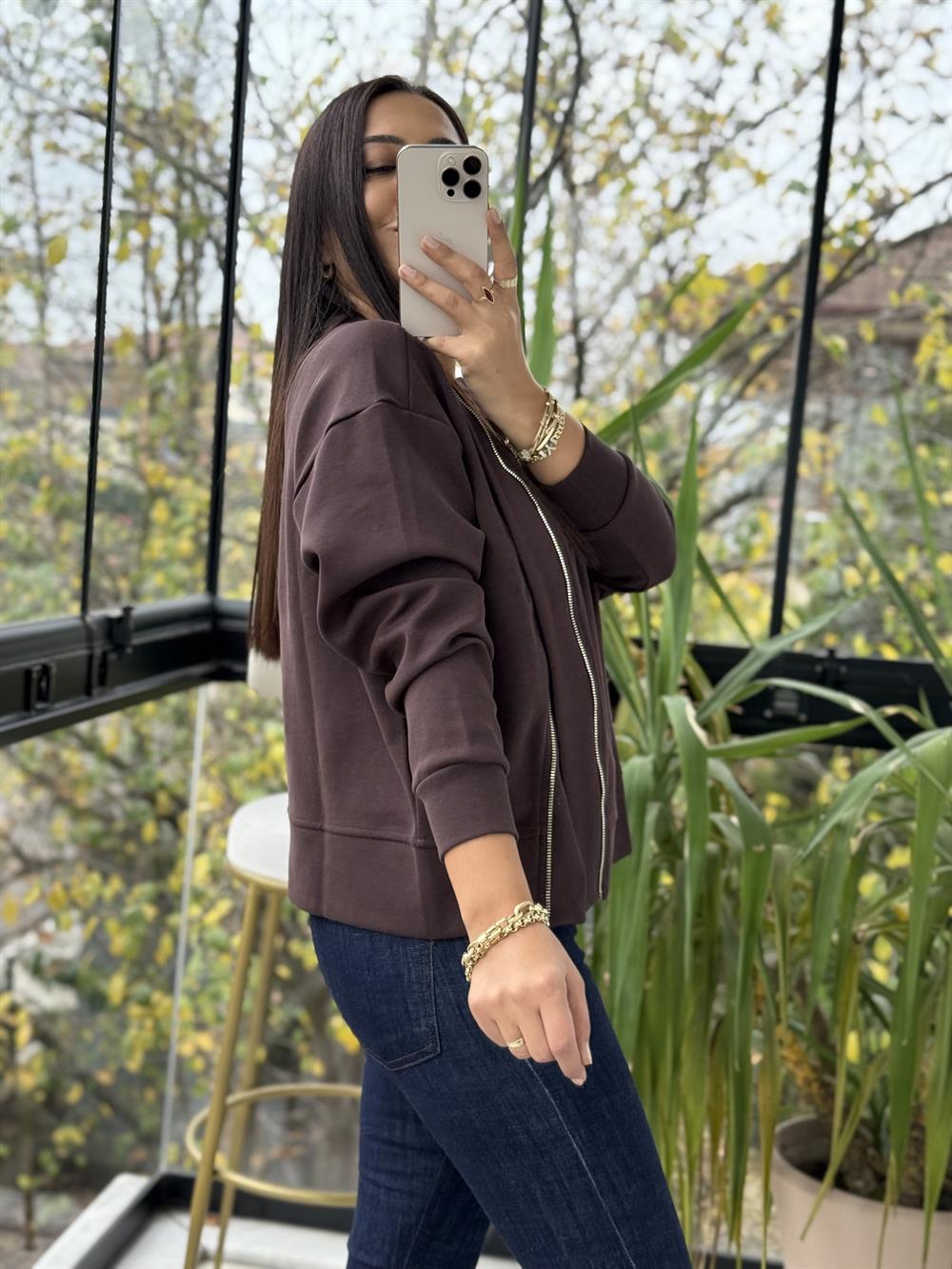 Asimetrik fermuarlı Sweathirt Kahve