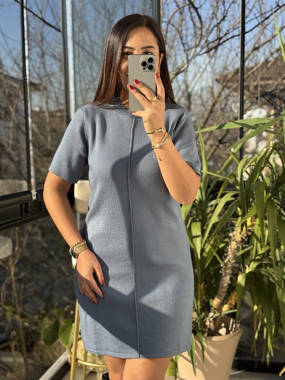 Dikiş Detaylı Triko Elbise İndigo Mavi