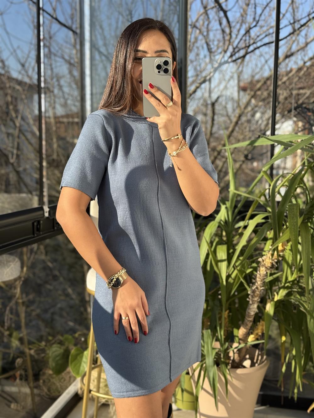 Dikiş Detaylı Triko Elbise İndigo Mavi