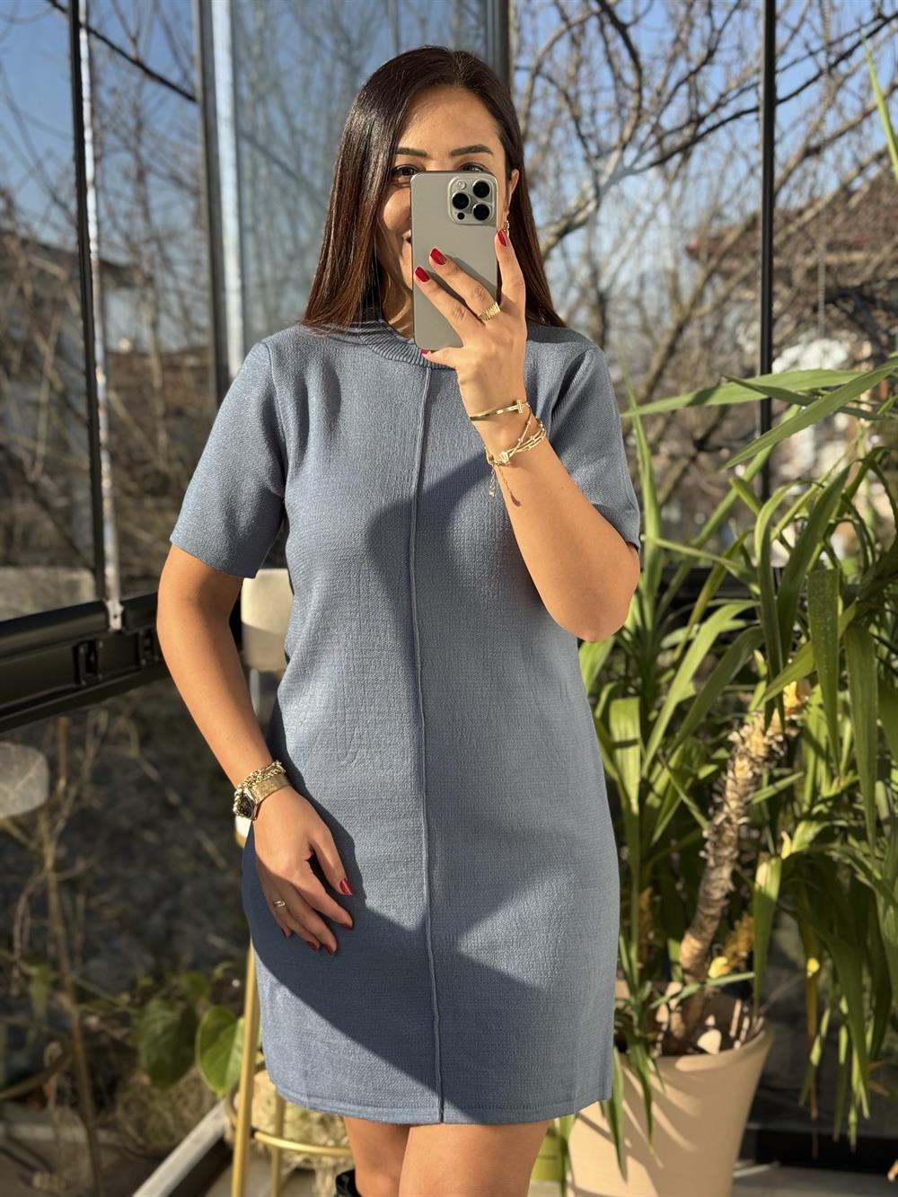 Dikiş Detaylı Triko Elbise İndigo Mavi