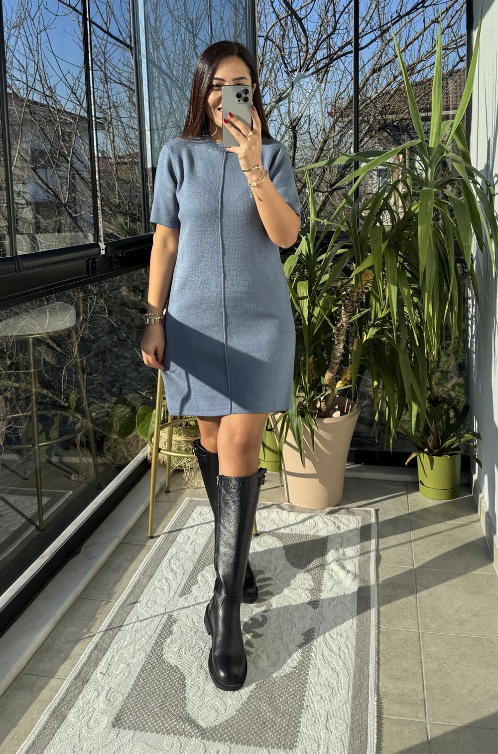 Dikiş Detaylı Triko Elbise İndigo Mavi