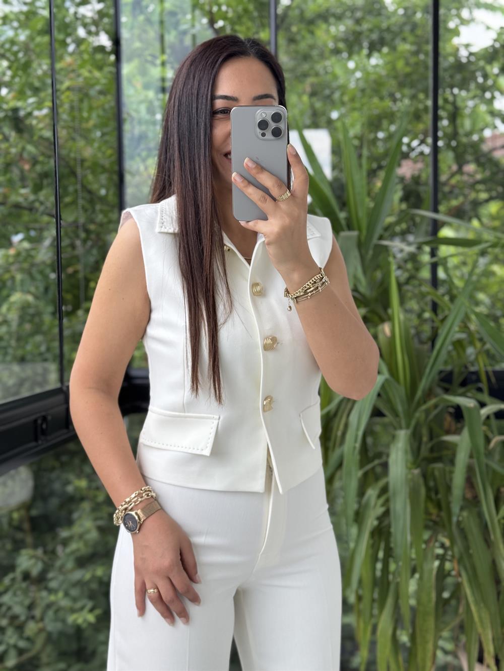 Dikiş Detaylı Yelek Ekru