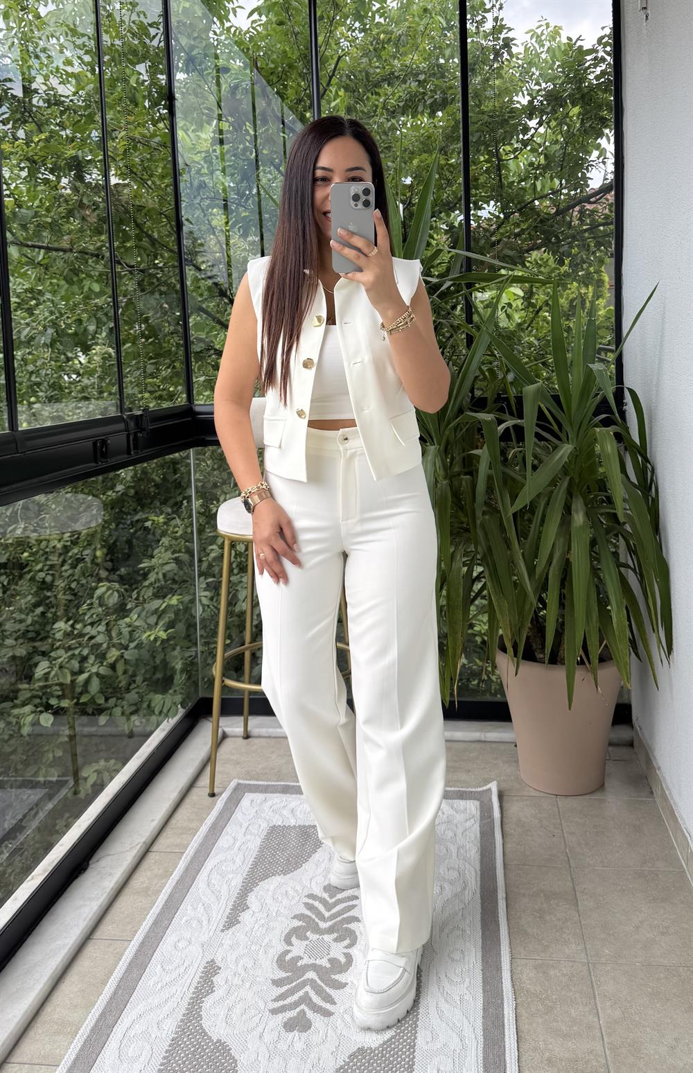 Dikiş Detaylı Yelek Ekru