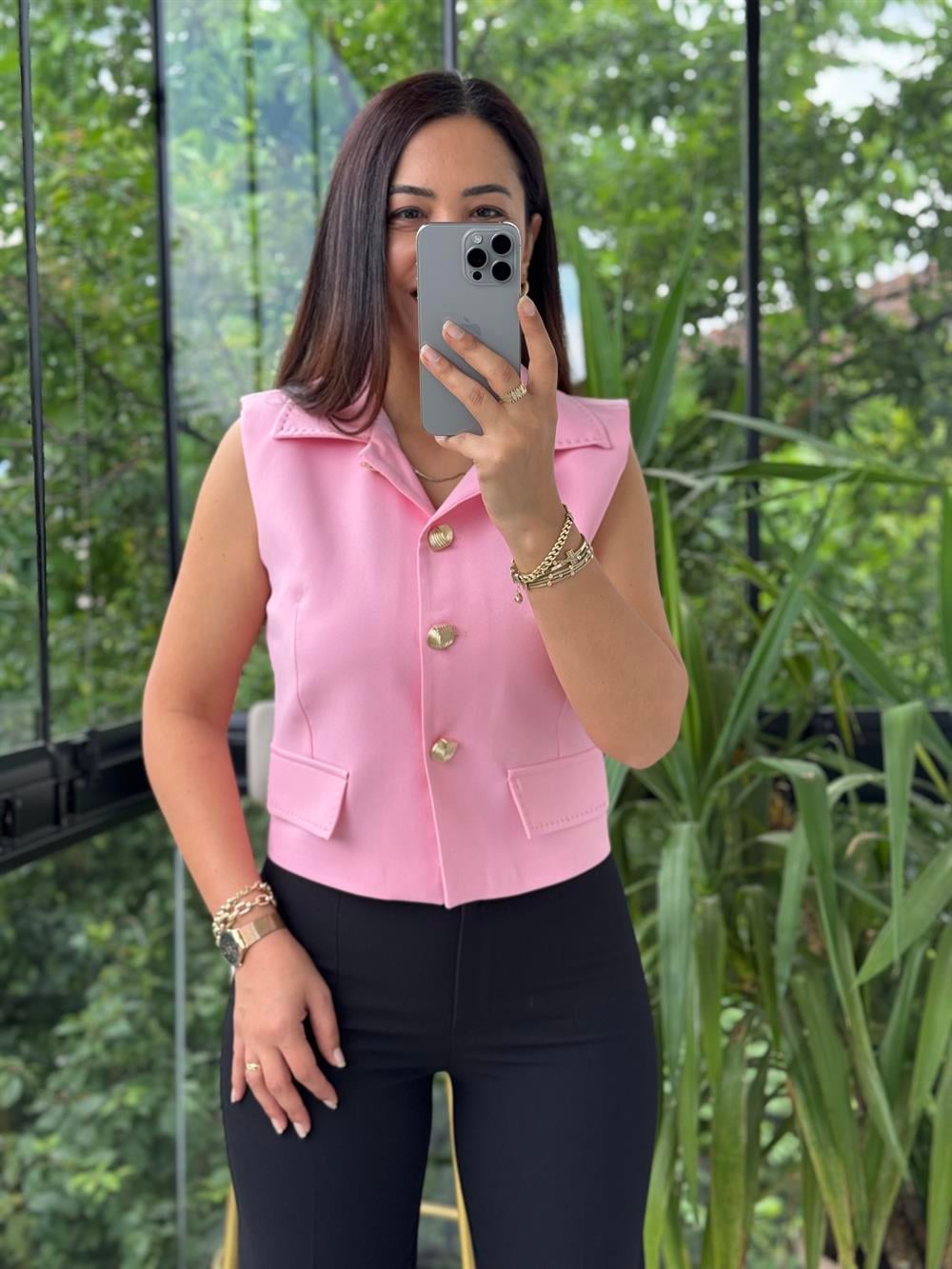 Dikiş Detaylı Yelek Pembe