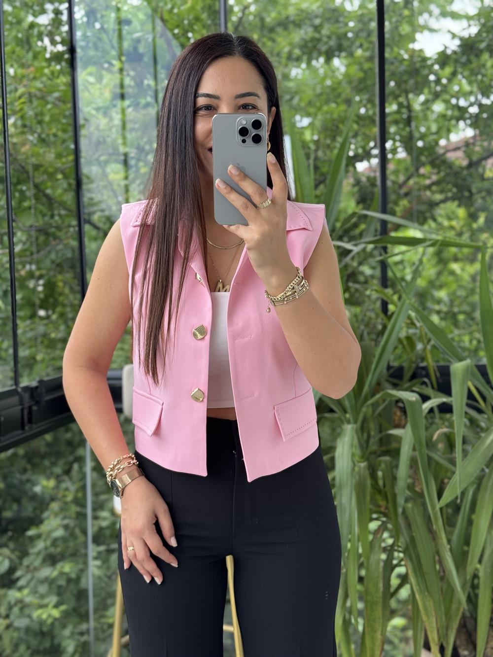 Dikiş Detaylı Yelek Pembe