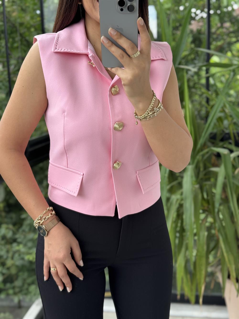 Dikiş Detaylı Yelek Pembe