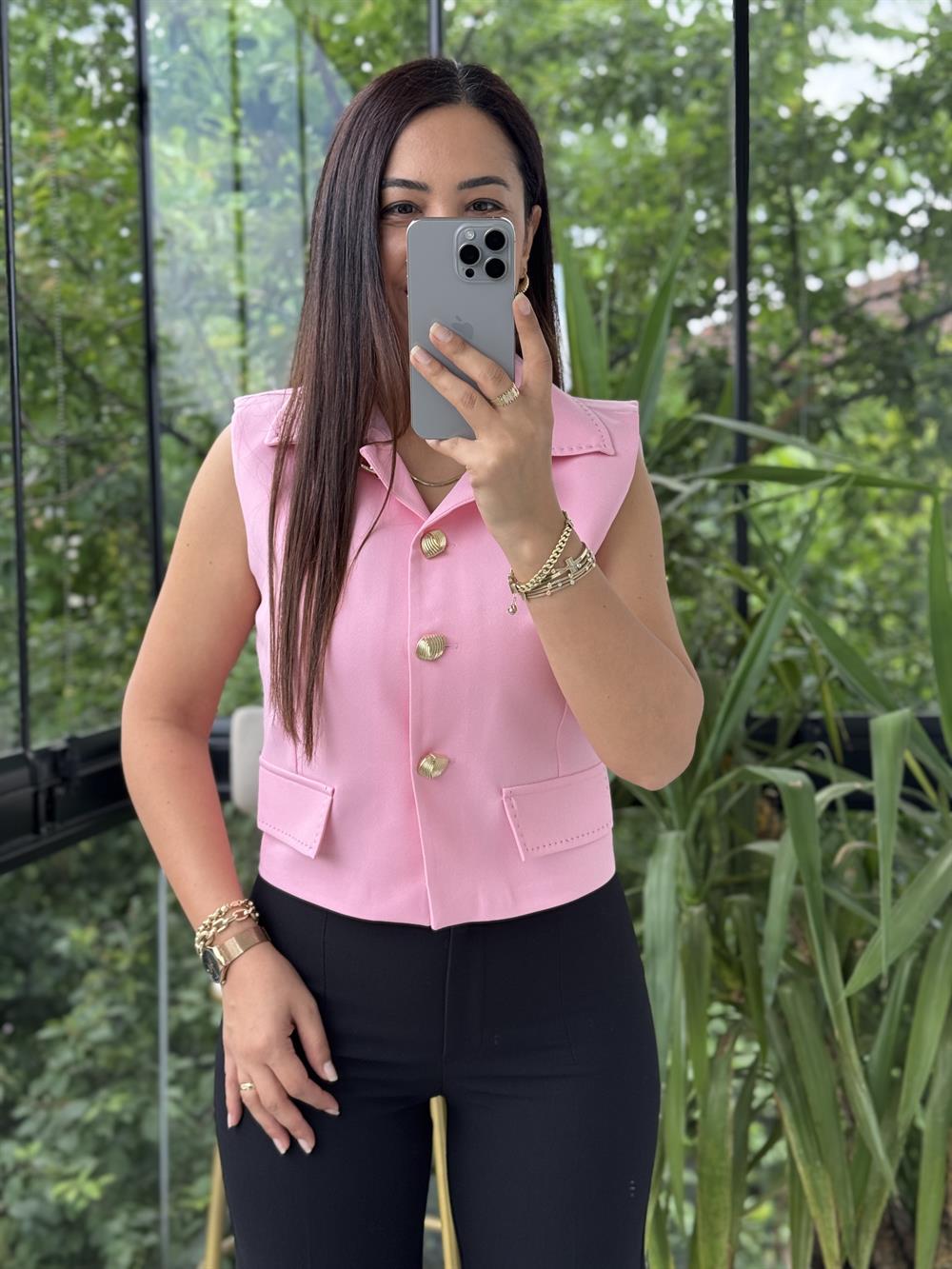 Dikiş Detaylı Yelek Pembe