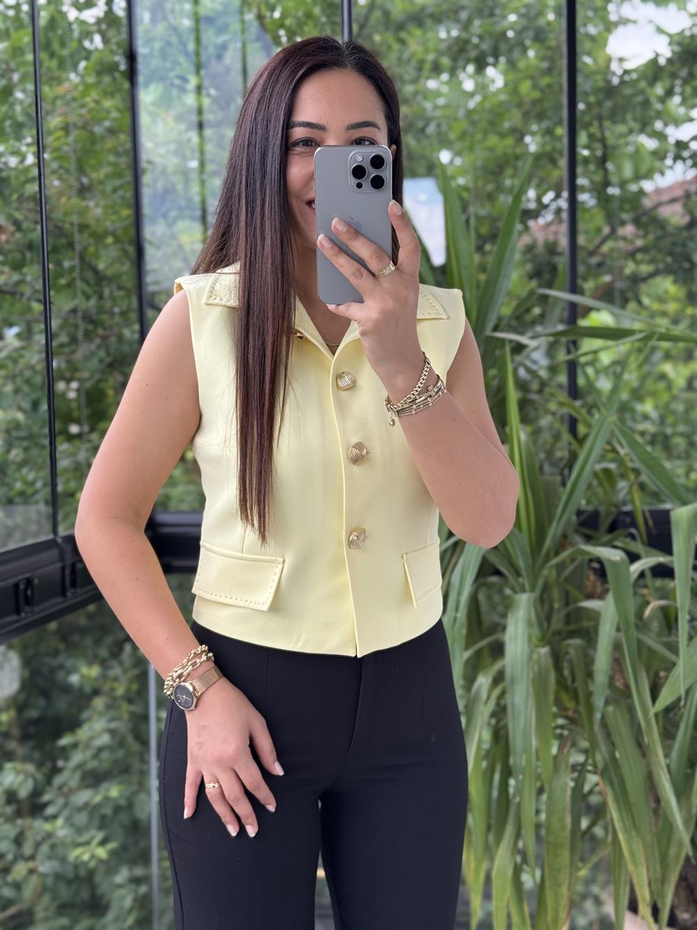 Dikiş Detaylı Yelek Sarı