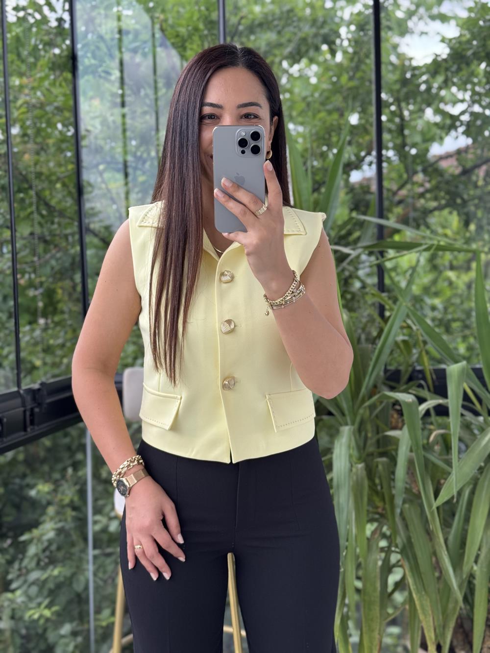 Dikiş Detaylı Yelek Sarı