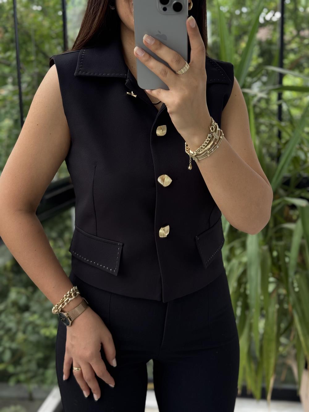 Dikiş Detaylı Yelek Siyah