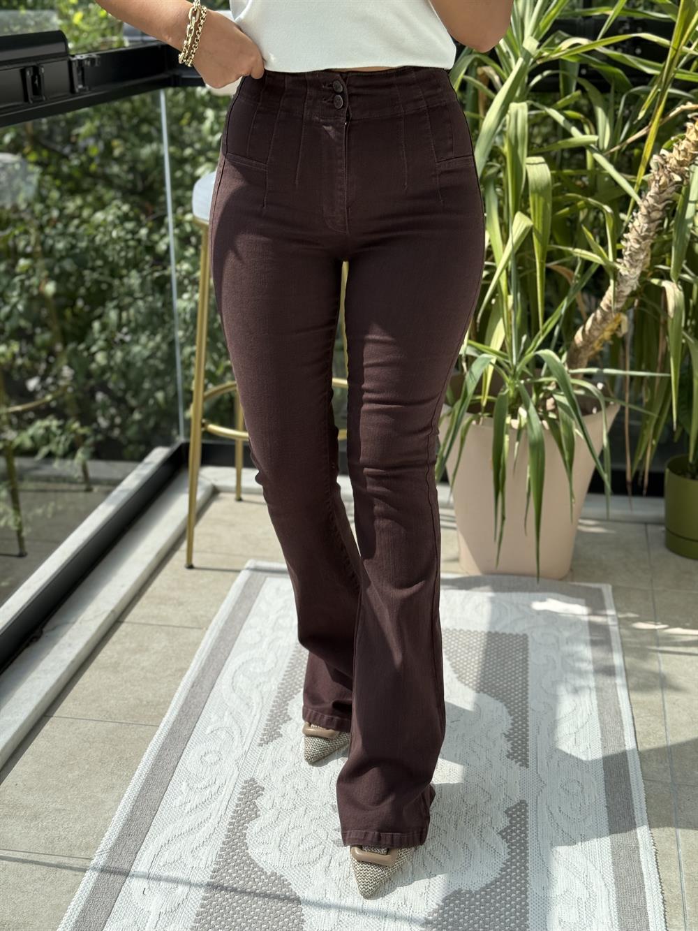 Dikişli Paça Pensli İspanyol Jean Kahve