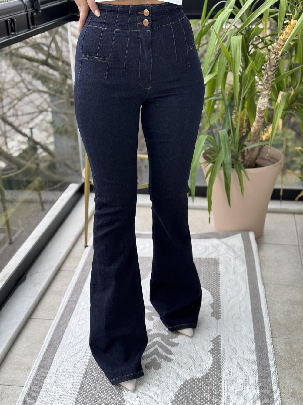 Dikişli Paça Pensli İspanyol Jean Koyu Lacivert