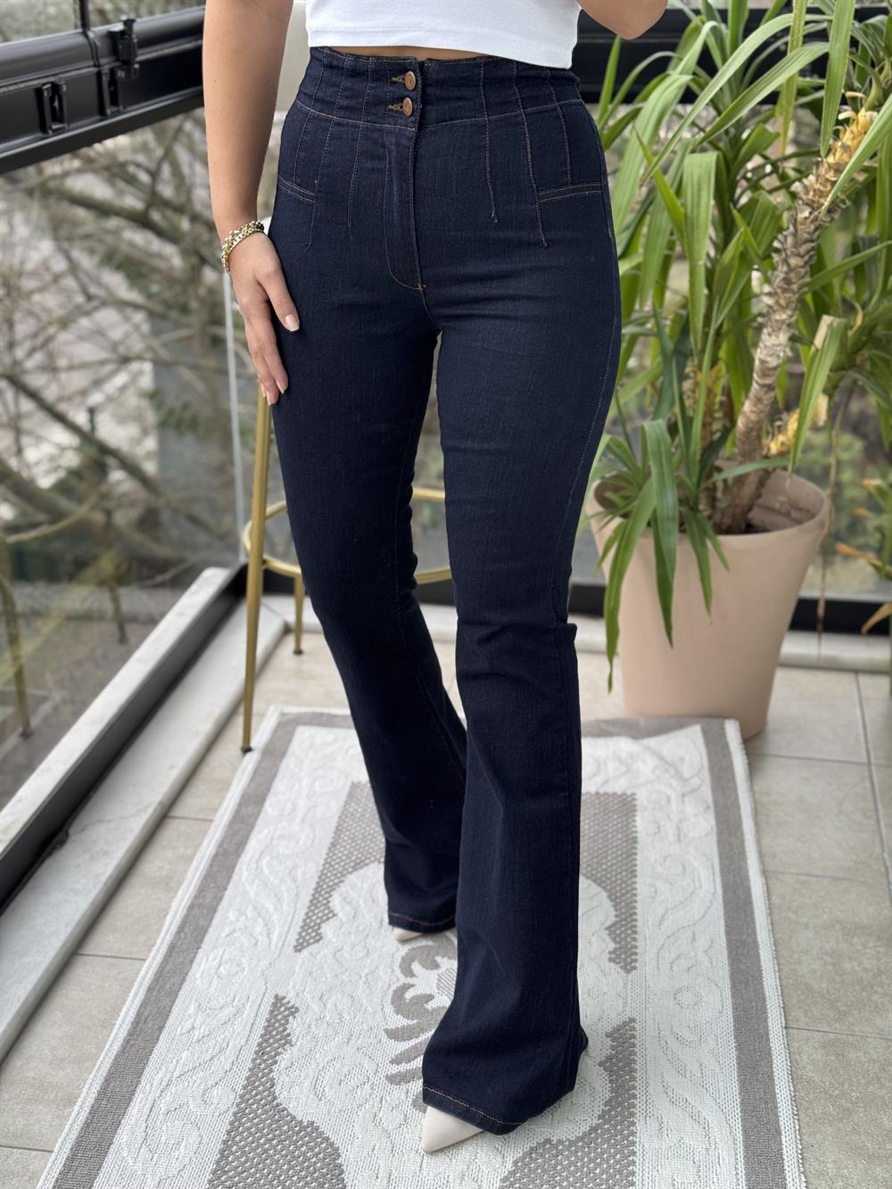 Dikişli Paça Pensli İspanyol Jean Koyu Lacivert