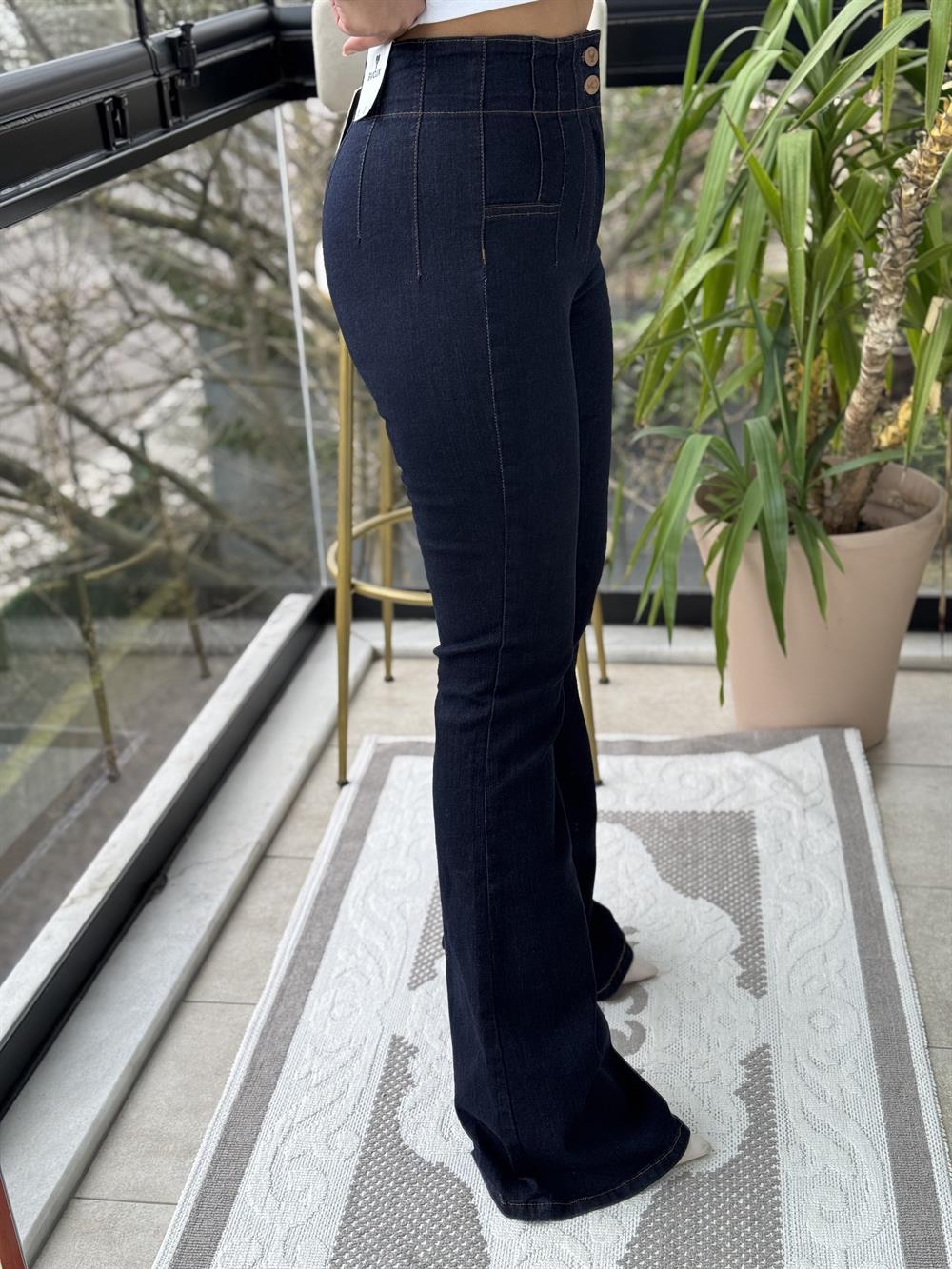 Dikişli Paça Pensli İspanyol Jean Koyu Lacivert