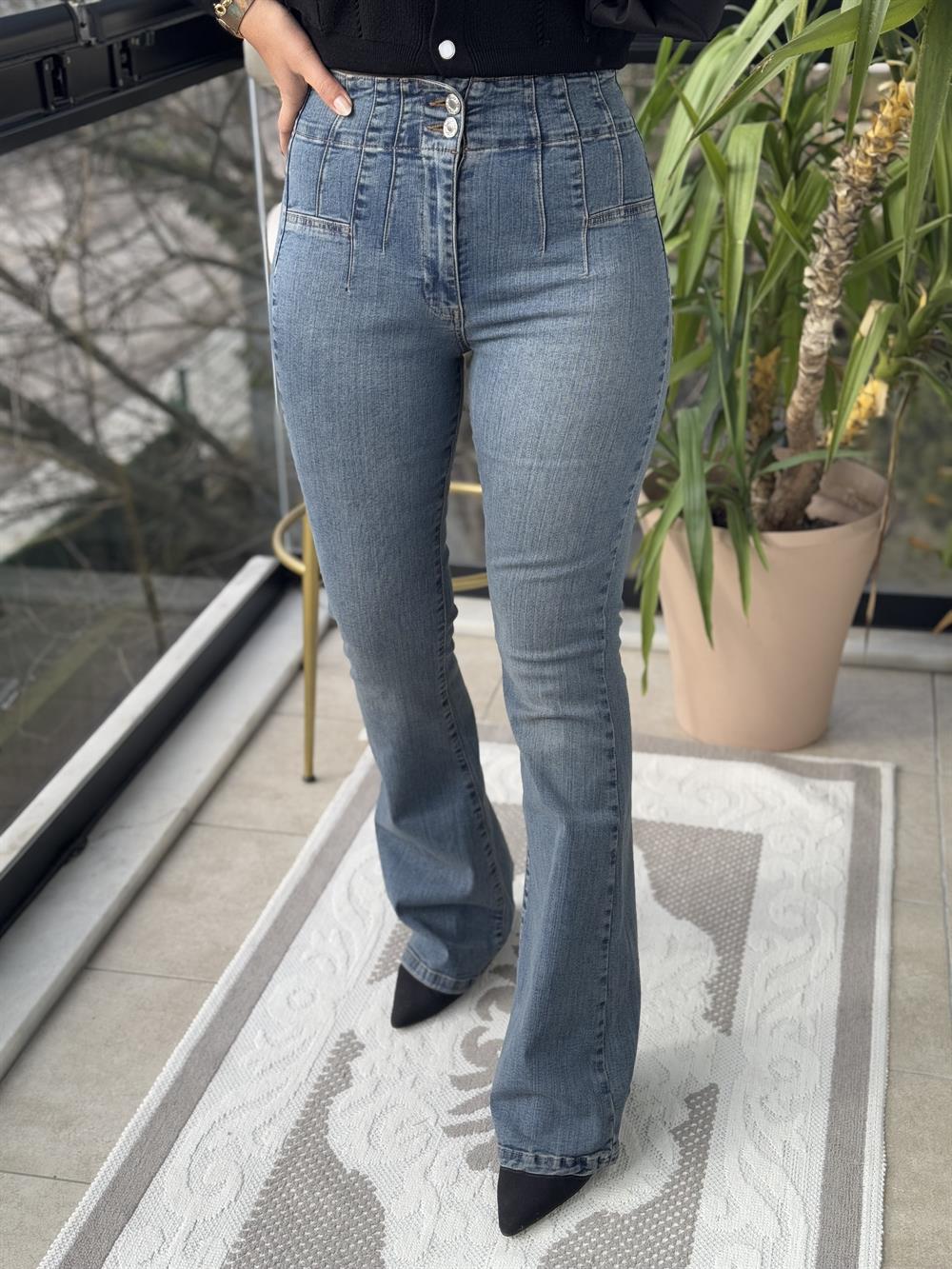 Dikişli Paça Pensli İspanyol Jean Yeşil Yıkama