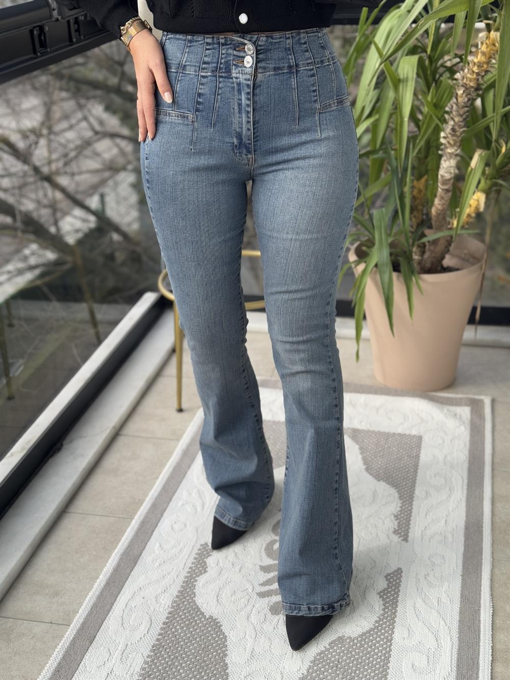 Dikişli Paça Pensli İspanyol Jean Yeşil Yıkama