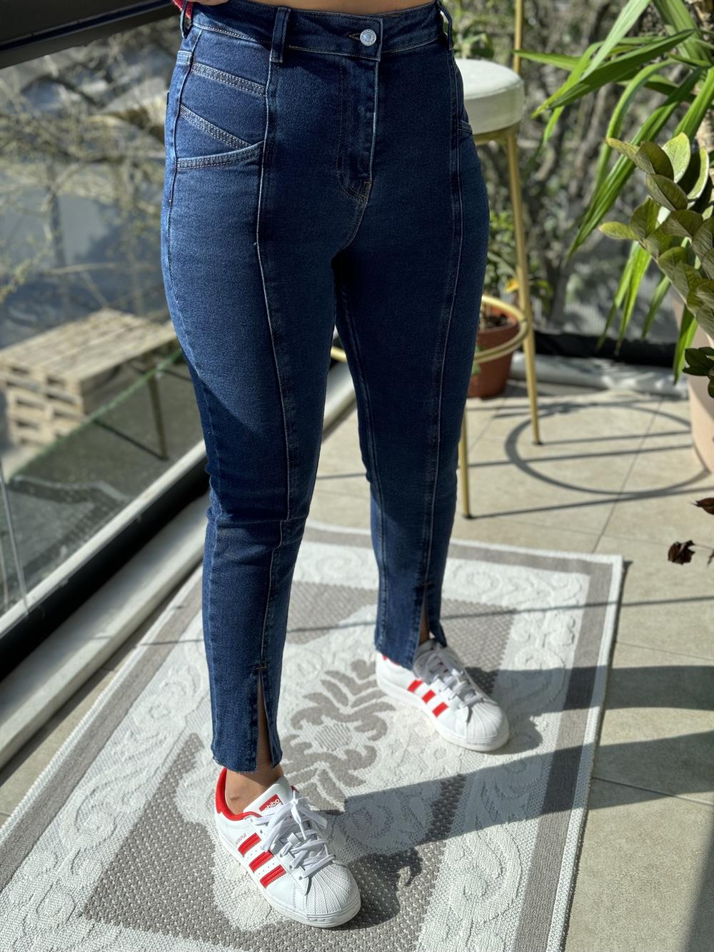 Dikişli Yırtmaçlı Jean Lacivert