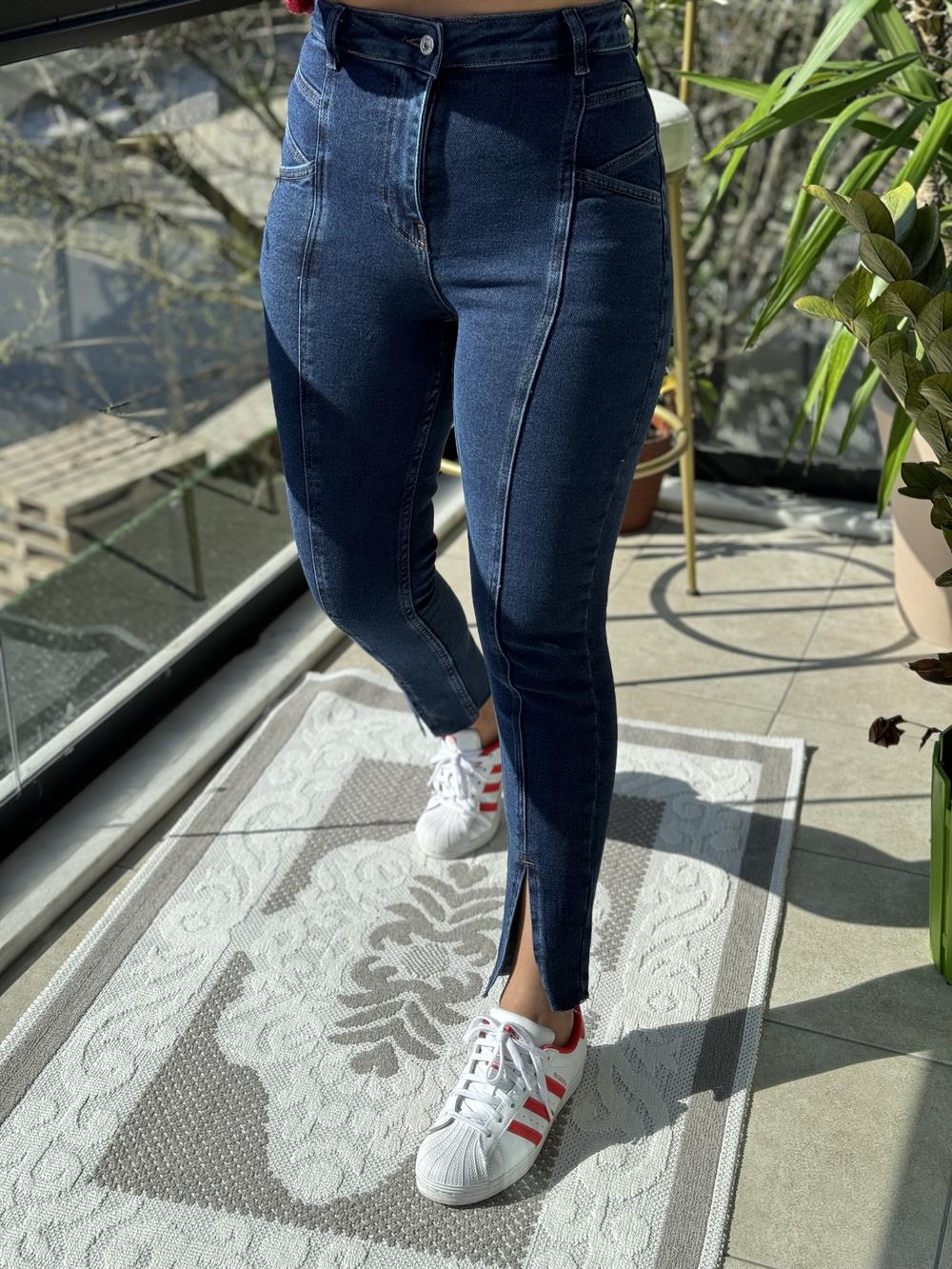 Dikişli Yırtmaçlı Jean Lacivert