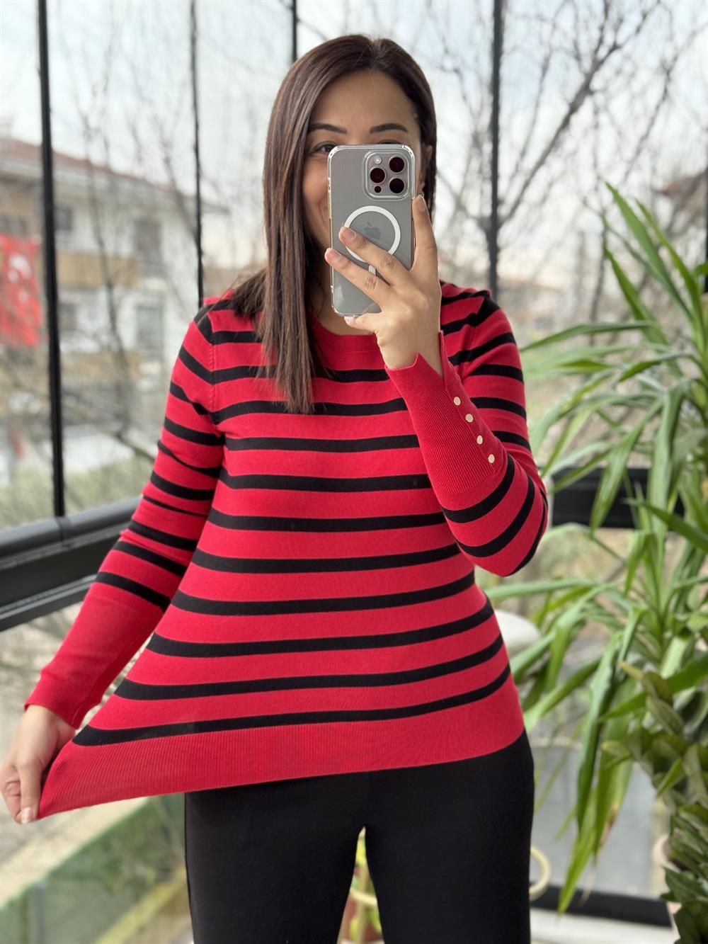 Dilvin Bisiklet Yaka Çizgili Triko Kırmızı