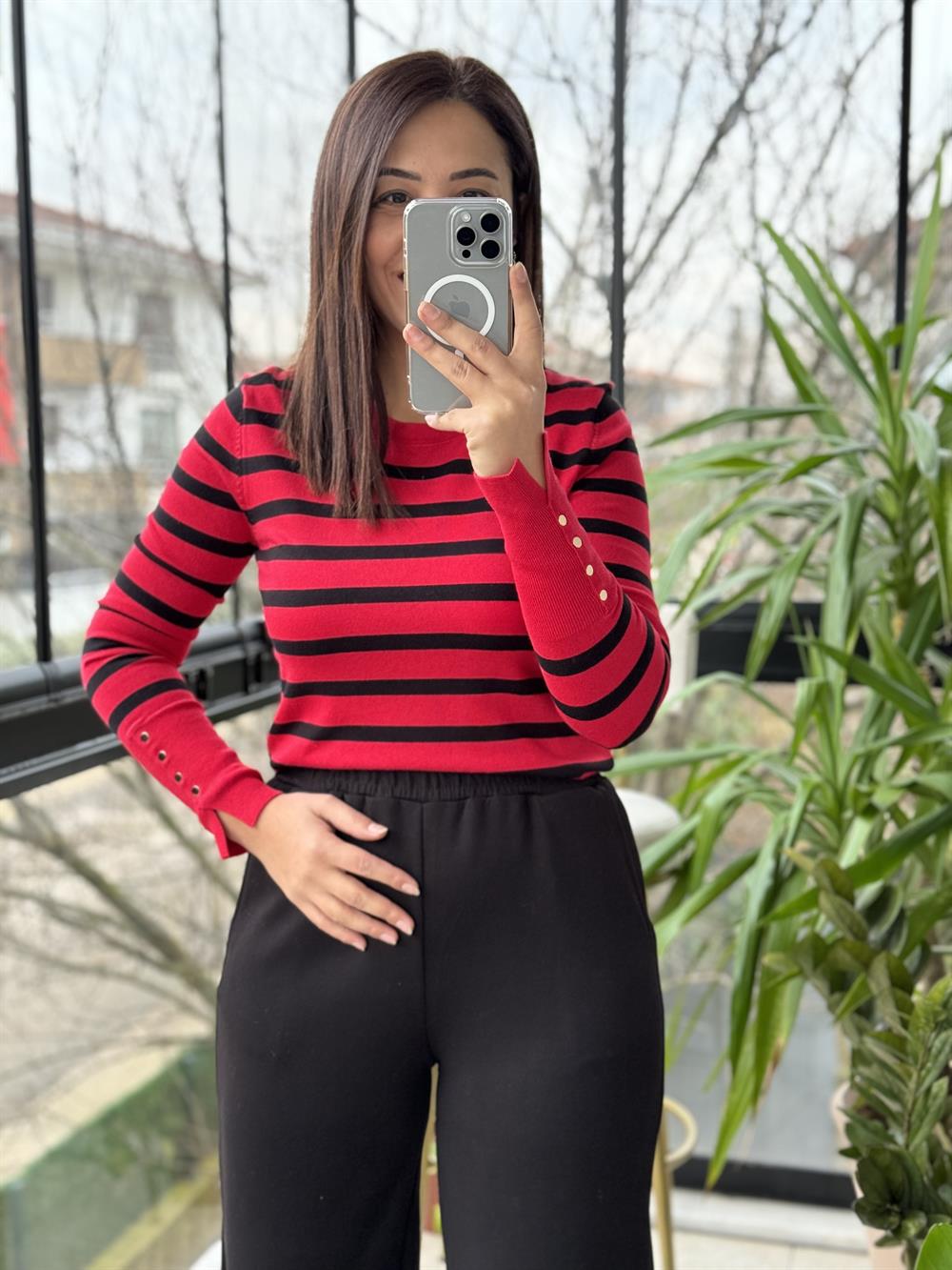 Dilvin Bisiklet Yaka Çizgili Triko Kırmızı