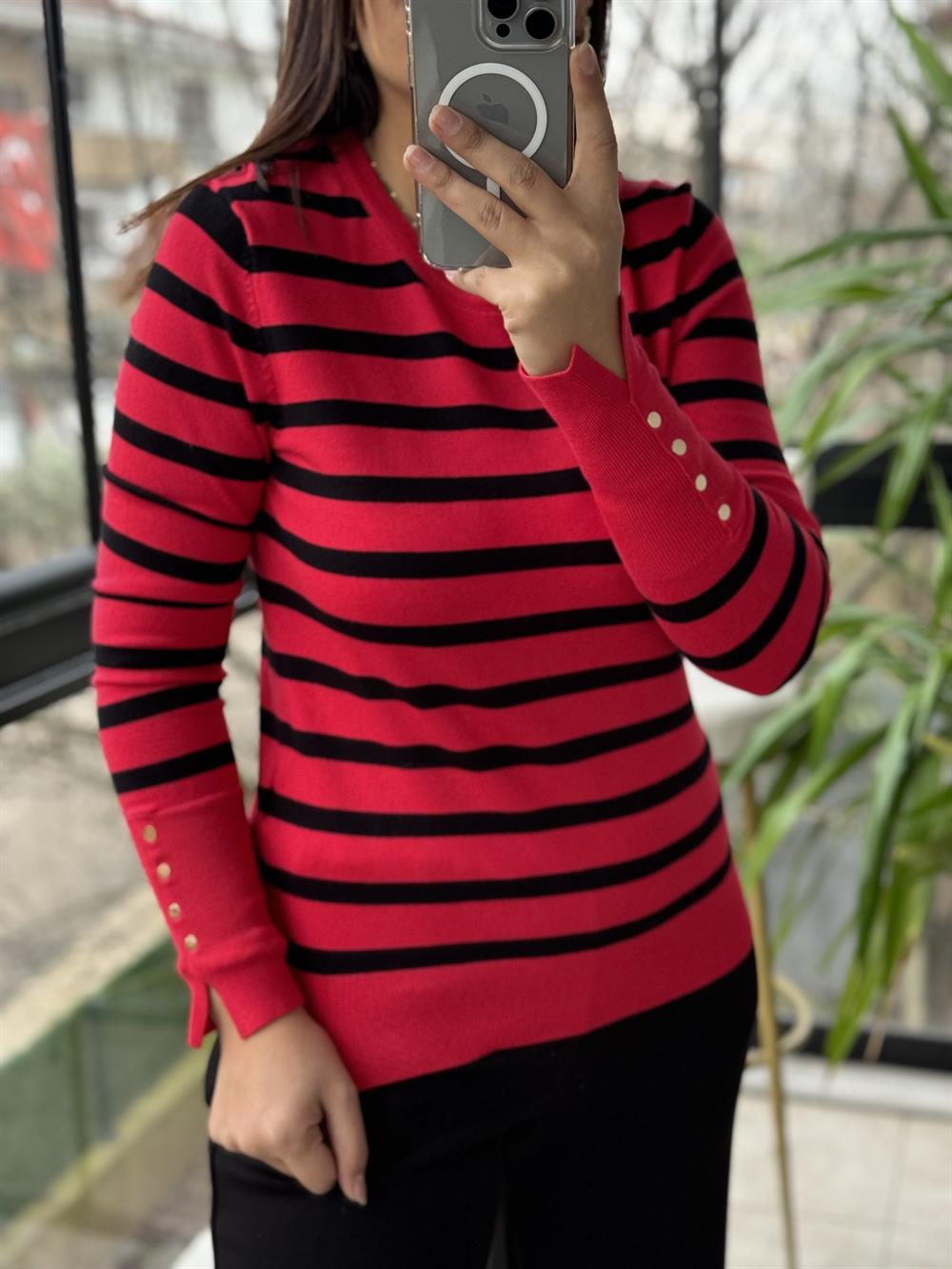 Dilvin Bisiklet Yaka Çizgili Triko Kırmızı