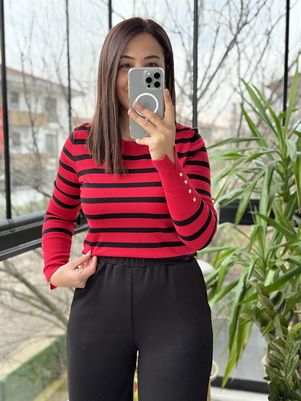 Dilvin Bisiklet Yaka Çizgili Triko Kırmızı