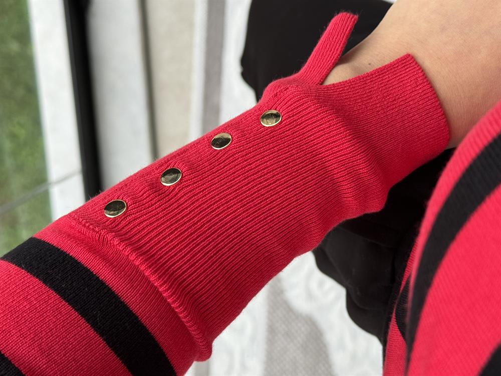 Dilvin Bisiklet Yaka Çizgili Triko Kırmızı