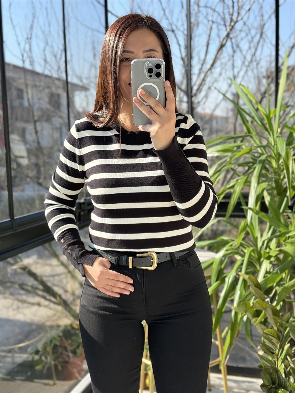 Dilvin Bisiklet Yaka Çizgili Triko Siyah