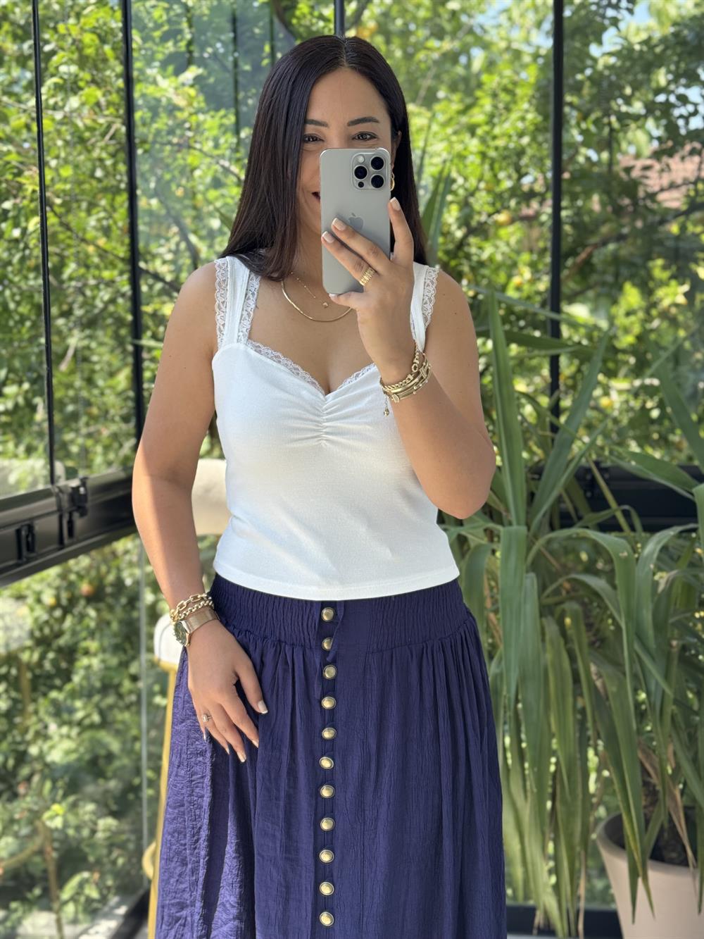 Dilvin Dantel Şeritli Büzgülü Atlet Ekru