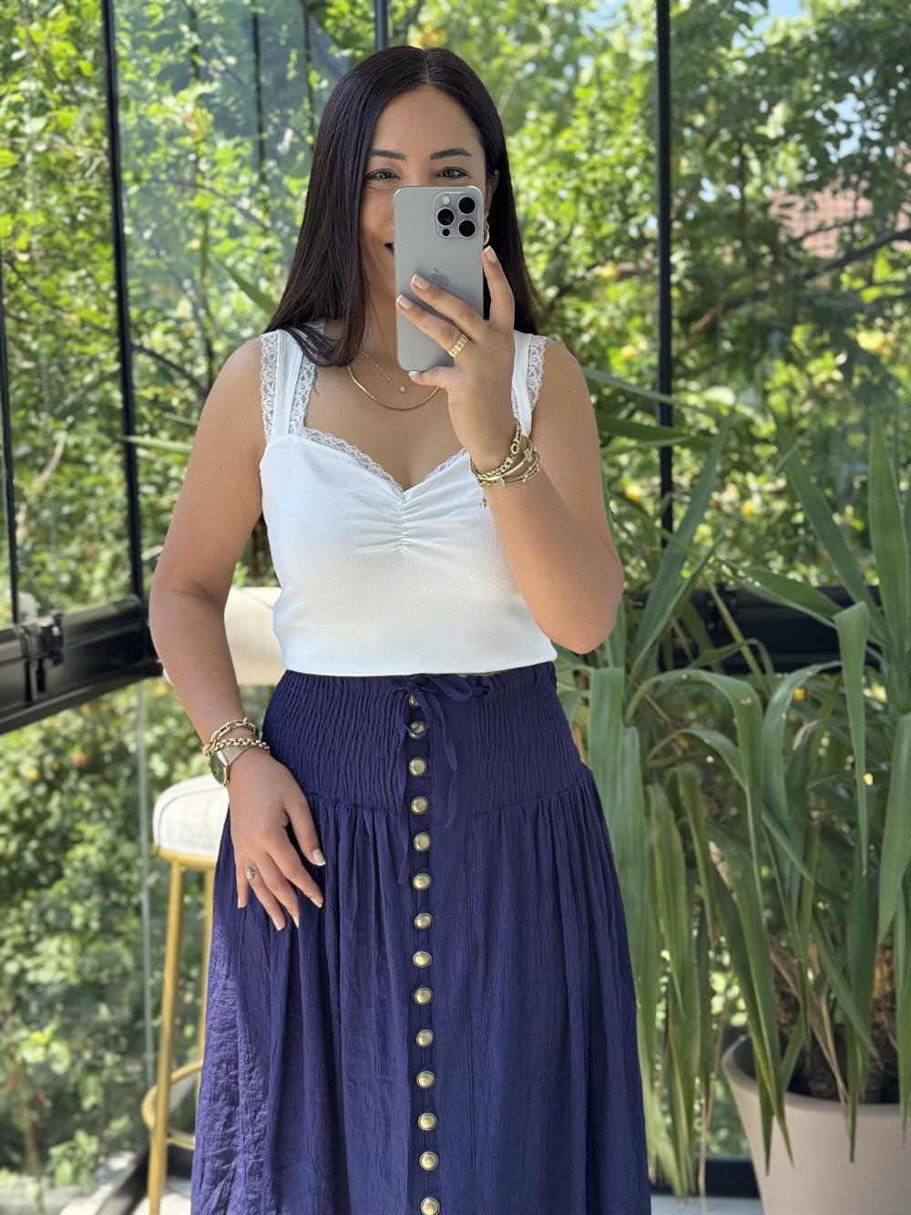 Dilvin Dantel Şeritli Büzgülü Atlet Ekru