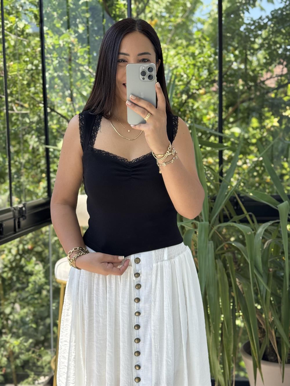 Dilvin Dantel Şeritli Büzgülü Atlet Siyah