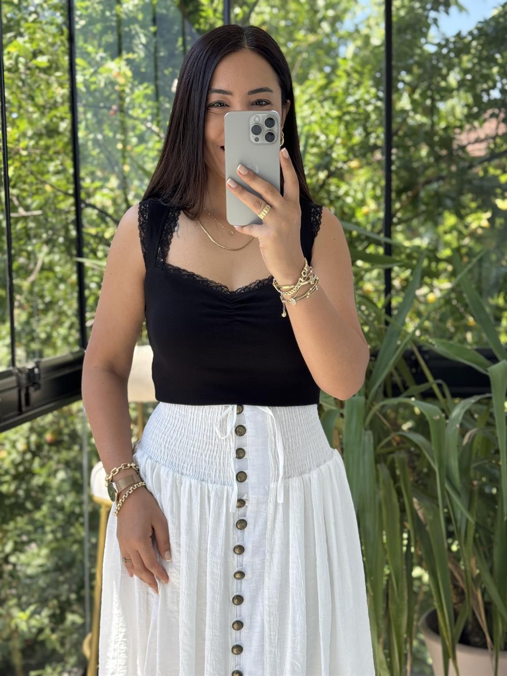 Dilvin Dantel Şeritli Büzgülü Atlet Siyah