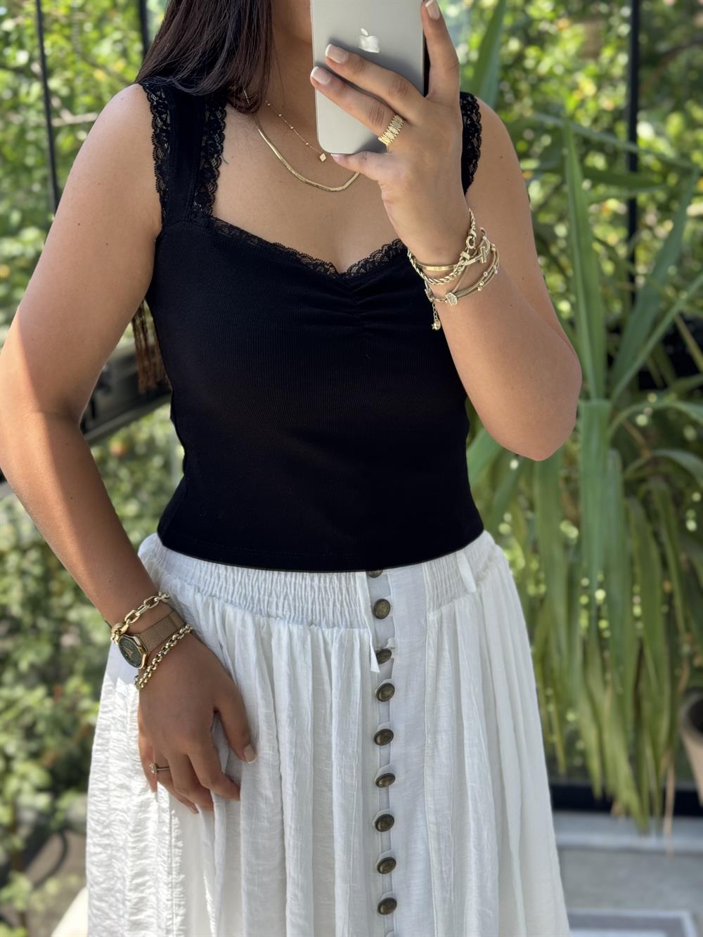 Dilvin Dantel Şeritli Büzgülü Atlet Siyah