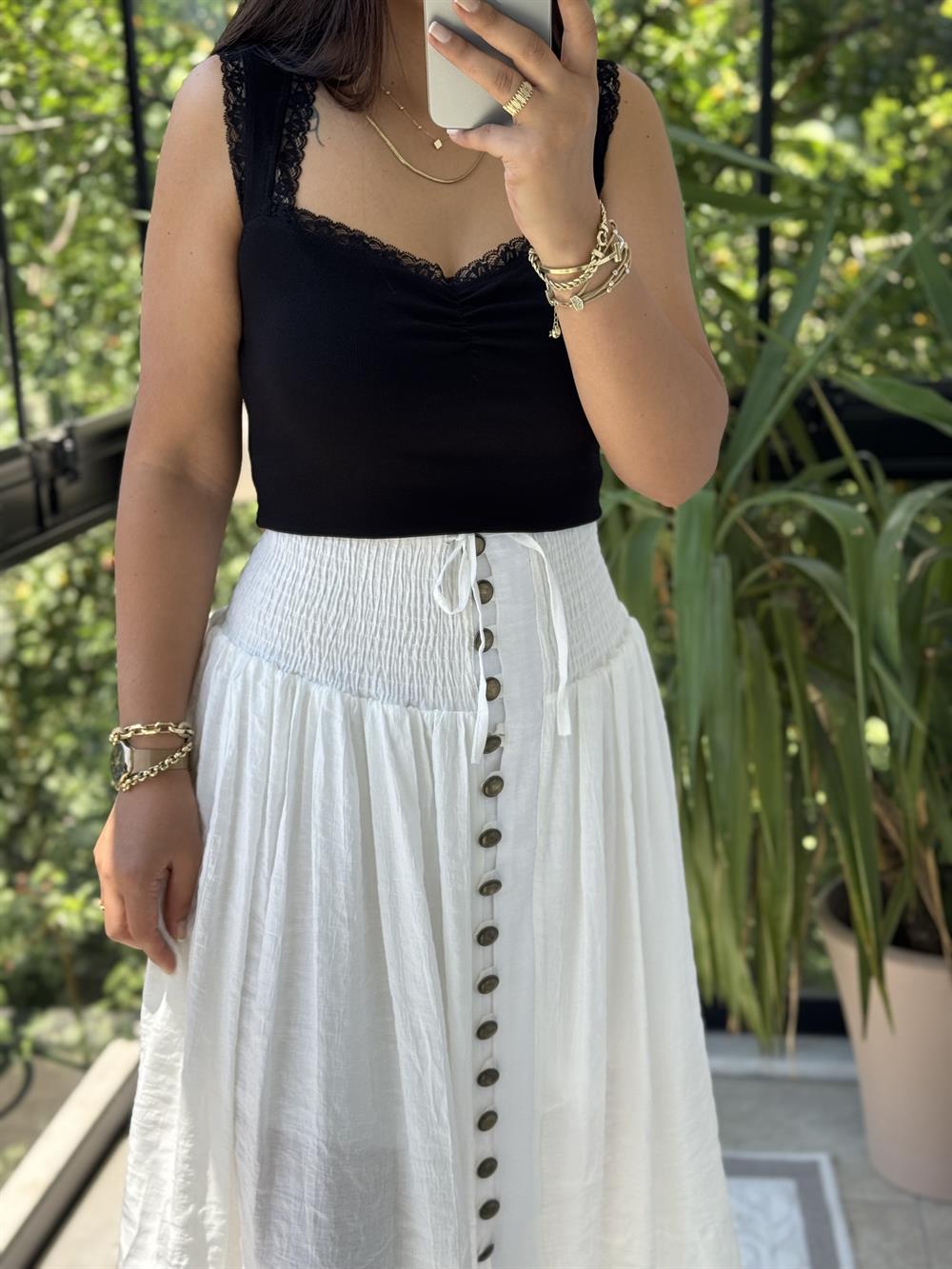 Dilvin Dantel Şeritli Büzgülü Atlet Siyah